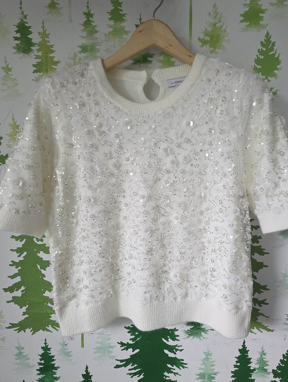 Liz Claiborne Cream Sequin & Bead Short-Sleeve Sweater